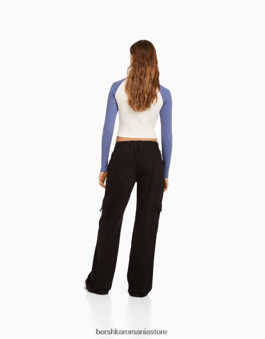 Bershka femei pantaloni cargo din twill drept cu talie elastică negru Z86D1396 îmbrăcăminte