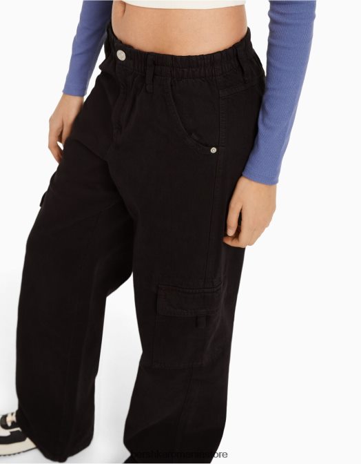 Bershka femei pantaloni cargo din twill drept cu talie elastică negru Z86D1396 îmbrăcăminte