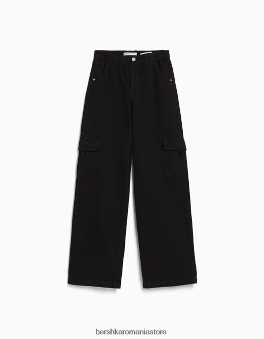 Bershka femei pantaloni cargo din twill drept cu talie elastică negru Z86D1396 îmbrăcăminte