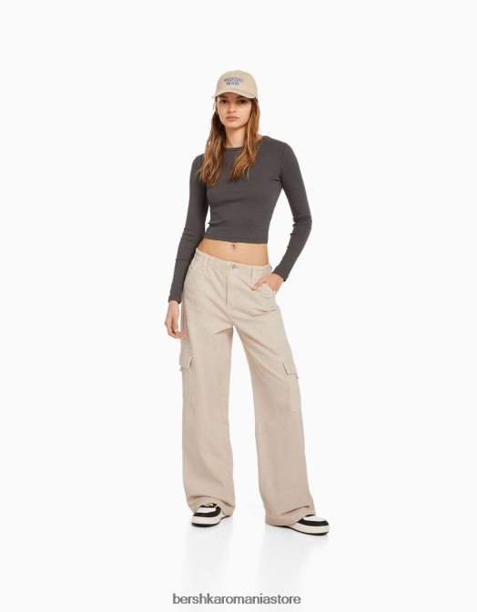 Bershka femei pantaloni cargo din twill drept cu talie elastică piatră Z86D1394 îmbrăcăminte