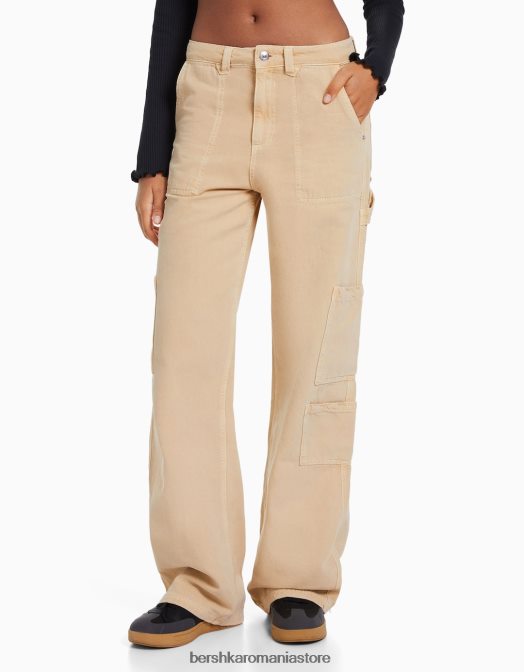 Bershka femei pantaloni de dulgher din pânză cu o formă relaxată nisip Z86D1317 îmbrăcăminte