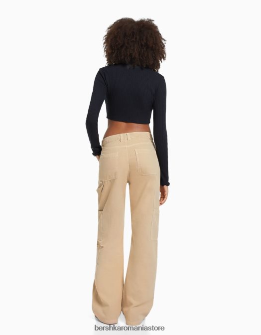 Bershka femei pantaloni de dulgher din pânză cu o formă relaxată nisip Z86D1317 îmbrăcăminte