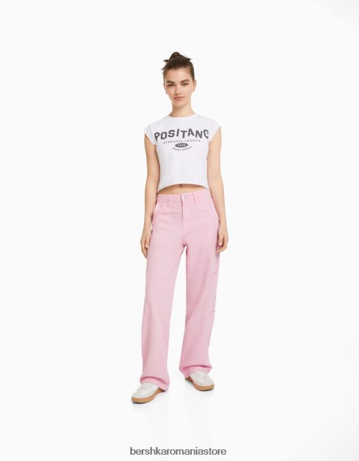 Bershka femei pantaloni de dulgher din pânză cu o formă relaxată roz Z86D1319 îmbrăcăminte