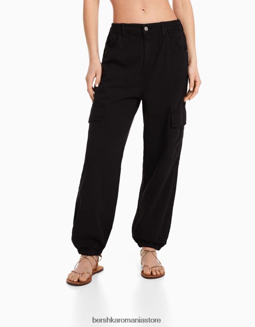 Bershka femei pantaloni de jogging din bumbac, cu talie încrețită și buzunare negru Z86D1346 îmbrăcăminte