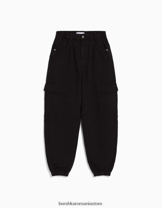 Bershka femei pantaloni de jogging din bumbac, cu talie încrețită și buzunare negru Z86D1346 îmbrăcăminte