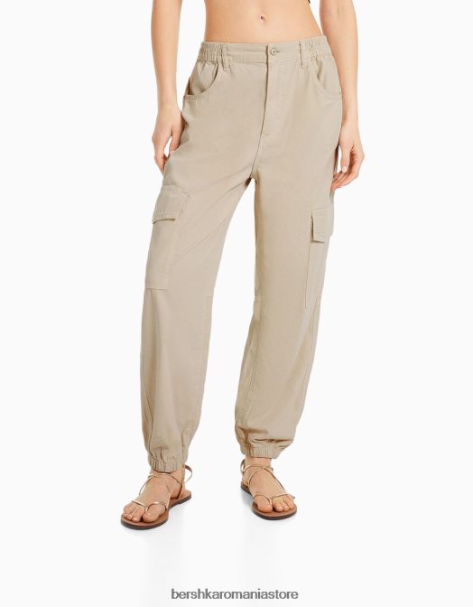 Bershka femei pantaloni de jogging din bumbac, cu talie încrețită și buzunare nisip Z86D1345 îmbrăcăminte