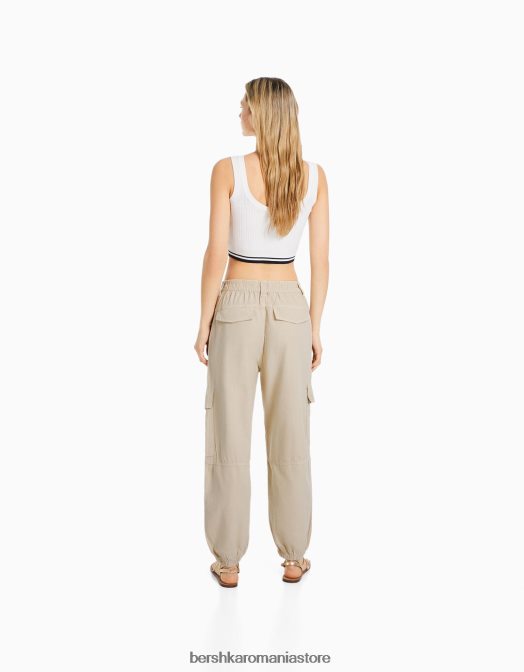 Bershka femei pantaloni de jogging din bumbac, cu talie încrețită și buzunare nisip Z86D1345 îmbrăcăminte