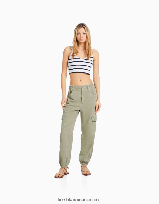 Bershka femei pantaloni de jogging din bumbac, cu talie încrețită și buzunare verde Z86D1344 îmbrăcăminte