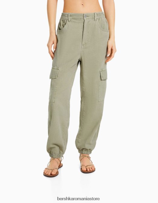 Bershka femei pantaloni de jogging din bumbac, cu talie încrețită și buzunare verde Z86D1344 îmbrăcăminte