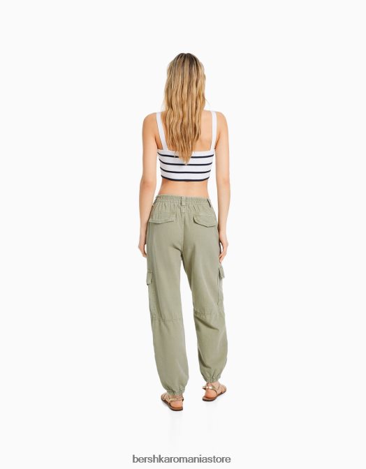 Bershka femei pantaloni de jogging din bumbac, cu talie încrețită și buzunare verde Z86D1344 îmbrăcăminte