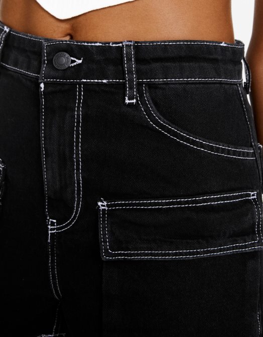 Bershka femei pantaloni scurți cargo din denim negru Z86D1376 îmbrăcăminte