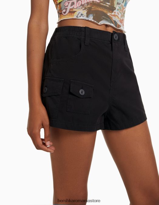 Bershka femei pantaloni scurți din bumbac multi-cargo negru Z86D1380 îmbrăcăminte