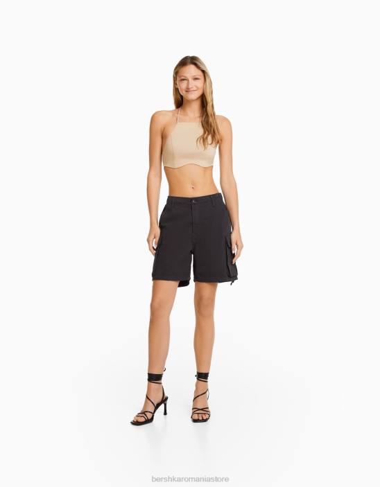Z86D1296 femei gri inchis bermudă cargo din bumbac cu bretele Bershka îmbrăcăminte