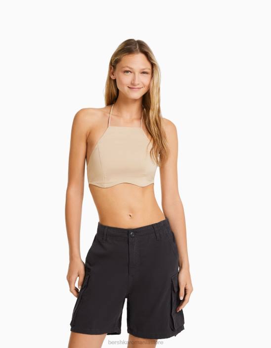 Z86D1296 femei gri inchis bermudă cargo din bumbac cu bretele Bershka îmbrăcăminte