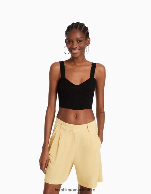 Bershka femei bermudă croită din material rustic bej Z86D1687 îmbrăcăminte