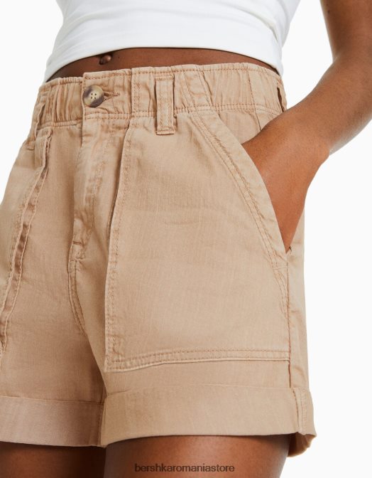 Bershka femei bermude din bumbac paperbag cămilă Z86D1690 îmbrăcăminte