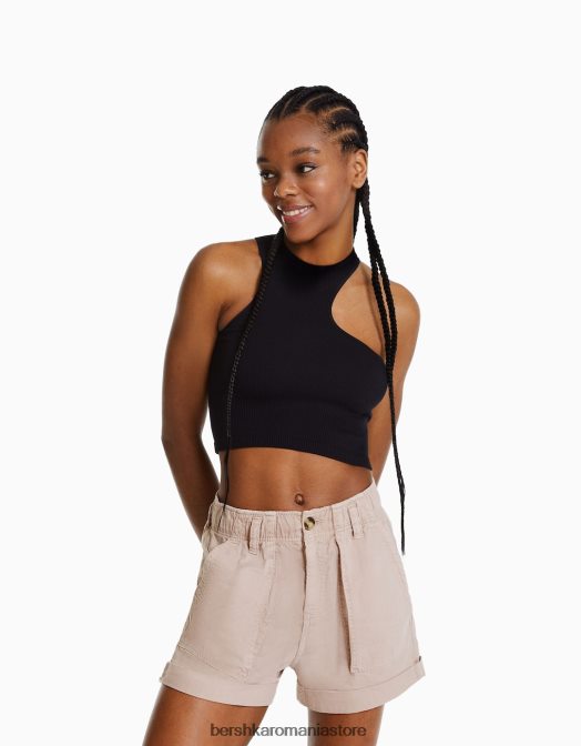 Bershka femei bermude din bumbac paperbag roz Z86D1689 îmbrăcăminte