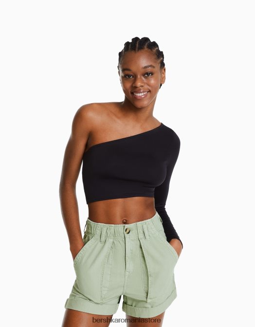 Bershka femei bermude din bumbac paperbag verde Z86D1688 îmbrăcăminte