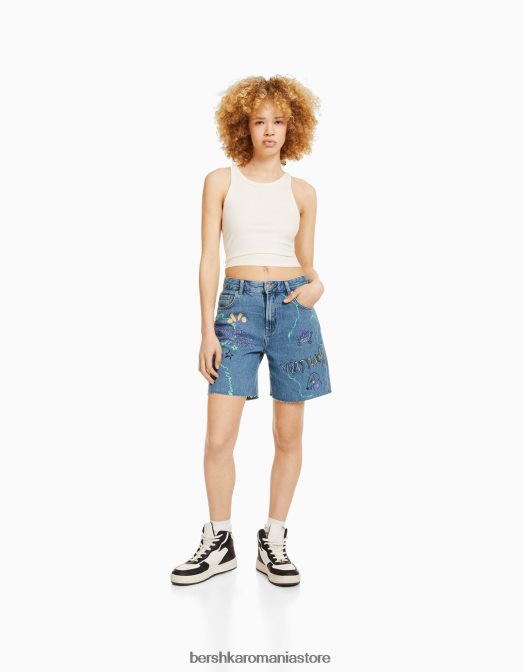 Bershka femei bermude din denim imprimate albastru deschis Z86D1723 îmbrăcăminte