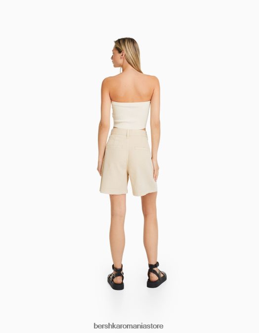 Bershka femei bermude din denim plisate cremă Z86D1680 îmbrăcăminte