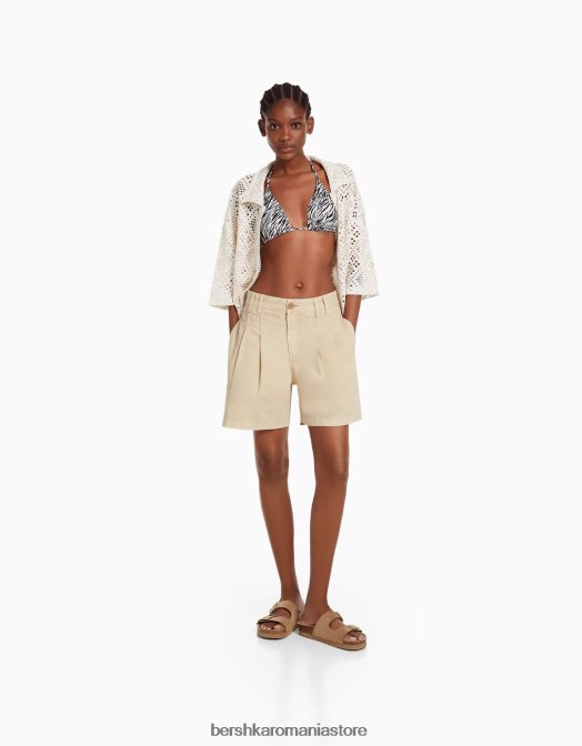 Bershka femei bermude din denim plisate cremă Z86D1888 îmbrăcăminte