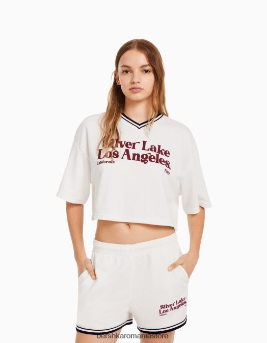 Bershka femei pantaloni scurți de pluș imprimați cu ornamente cremă Z86D1736 îmbrăcăminte