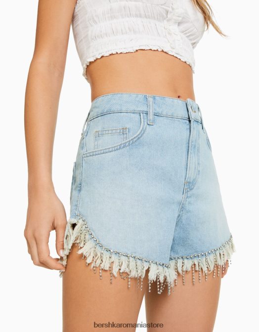 Bershka femei pantaloni scurți din denim cu franjuri cu strasuri albastru deschis Z86D1715 îmbrăcăminte