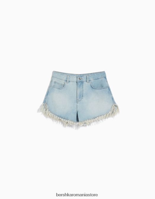 Bershka femei pantaloni scurți din denim cu franjuri cu strasuri albastru deschis Z86D1715 îmbrăcăminte