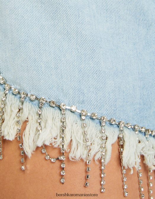 Bershka femei pantaloni scurți din denim cu franjuri cu strasuri albastru deschis Z86D1715 îmbrăcăminte