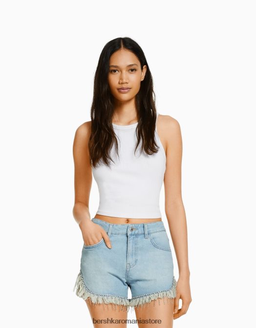 Bershka femei pantaloni scurți din denim cu franjuri cu strasuri albastru deschis Z86D1924 îmbrăcăminte