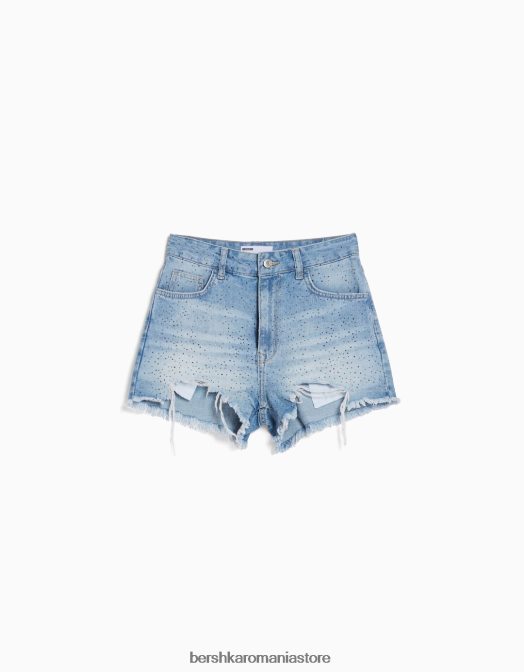 Bershka femei pantaloni scurți din denim cu strasuri albastru deschis Z86D1716 îmbrăcăminte