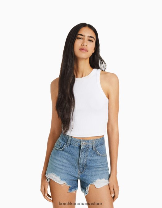 Bershka femei pantaloni scurți din denim strălucitori rupti albastru deschis Z86D1714 îmbrăcăminte