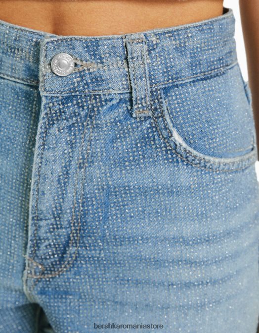 Bershka femei pantaloni scurți din denim strălucitori rupti albastru deschis Z86D1714 îmbrăcăminte