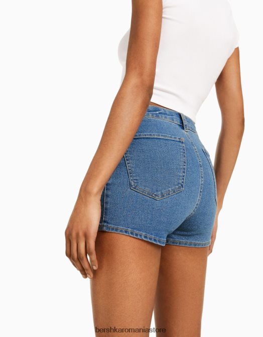 Bershka femei pantaloni scurți din denim stretch cu talie mare albastru deschis Z86D1732 îmbrăcăminte