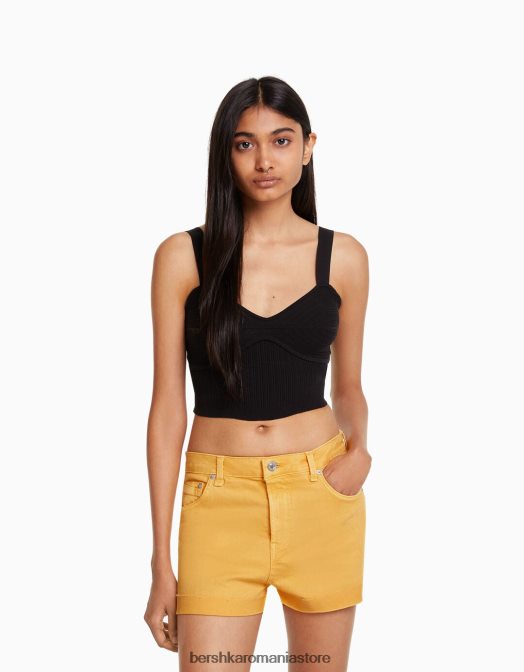 Bershka femei pantaloni scurți din twill confortabil cu tiv răsucite galben Z86D1697 îmbrăcăminte
