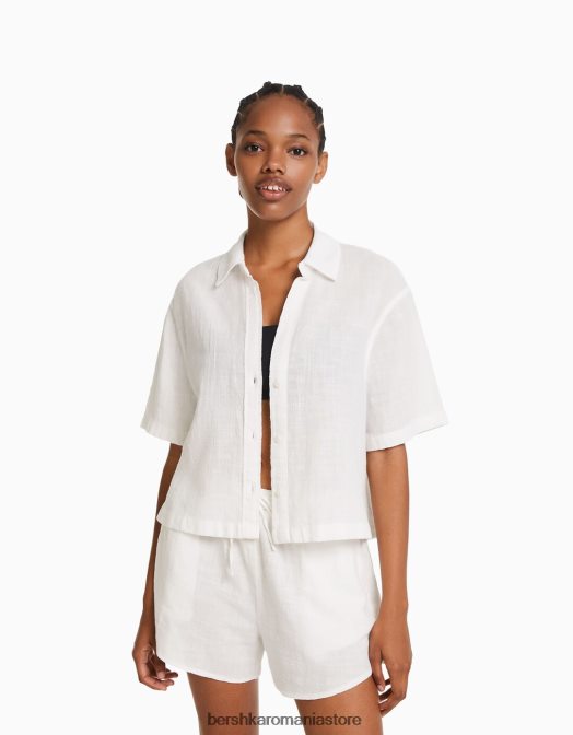 Bershka femei pantaloni scurți rustici cu elastic încrețit aproape alb Z86D1710 îmbrăcăminte