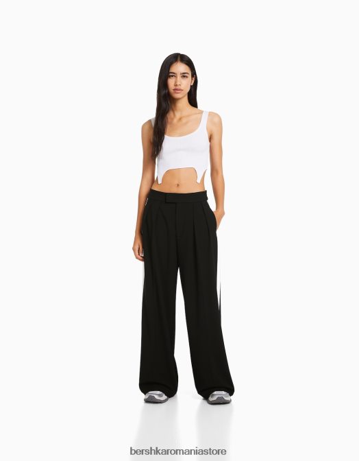 Bershka femei pantaloni croiți cu picioare largi, cu dungi laterale negru Z86D1435 îmbrăcăminte