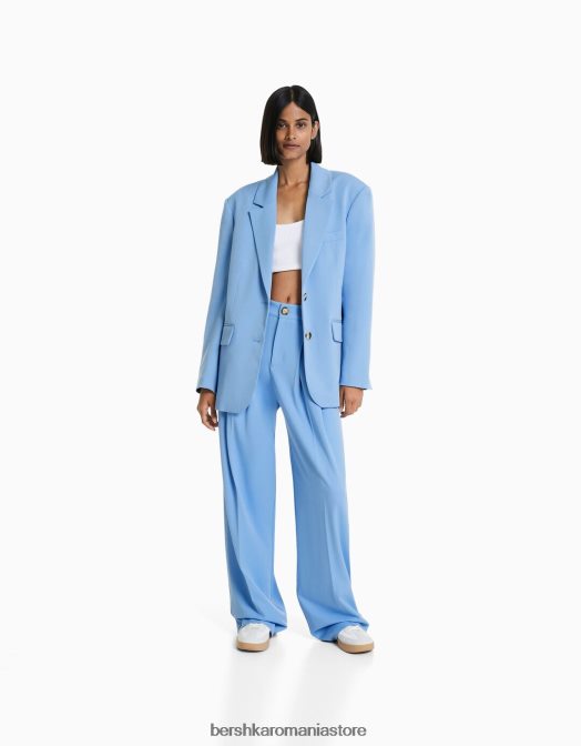 Bershka femei pantaloni croiți drept cu pliuri albastru deschis Z86D1420 îmbrăcăminte