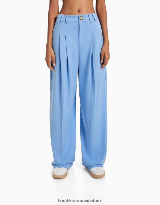 Bershka femei pantaloni croiți drept cu pliuri albastru deschis Z86D1420 îmbrăcăminte