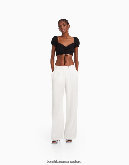 Bershka femei pantaloni de bază din amestec de in, cu picioare largi, cu bandă elastică în talie alb Z86D1405 îmbrăcăminte