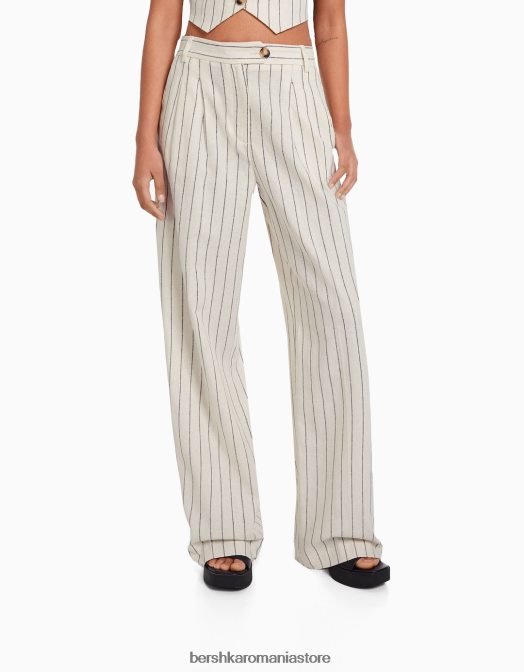 Bershka femei pantaloni de bază din amestec de in, cu picioare largi, cu bandă elastică în talie cremă Z86D1472 îmbrăcăminte