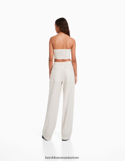 Bershka femei pantaloni de bază din amestec de in, cu picioare largi, cu bandă elastică în talie cremă Z86D1472 îmbrăcăminte