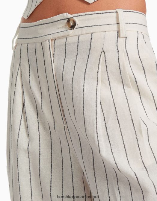 Bershka femei pantaloni de bază din amestec de in, cu picioare largi, cu bandă elastică în talie cremă Z86D1472 îmbrăcăminte