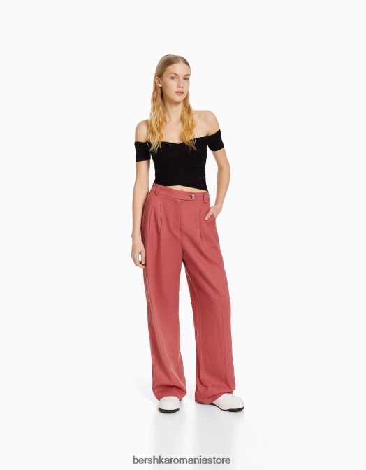Bershka femei pantaloni de bază din in, cu picioare largi, cu bandă elastică în talie coral Z86D1437 îmbrăcăminte