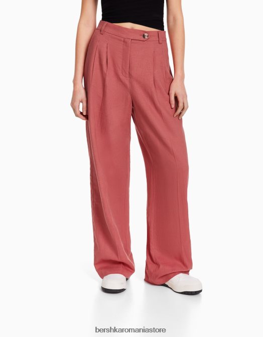 Bershka femei pantaloni de bază din in, cu picioare largi, cu bandă elastică în talie coral Z86D1437 îmbrăcăminte