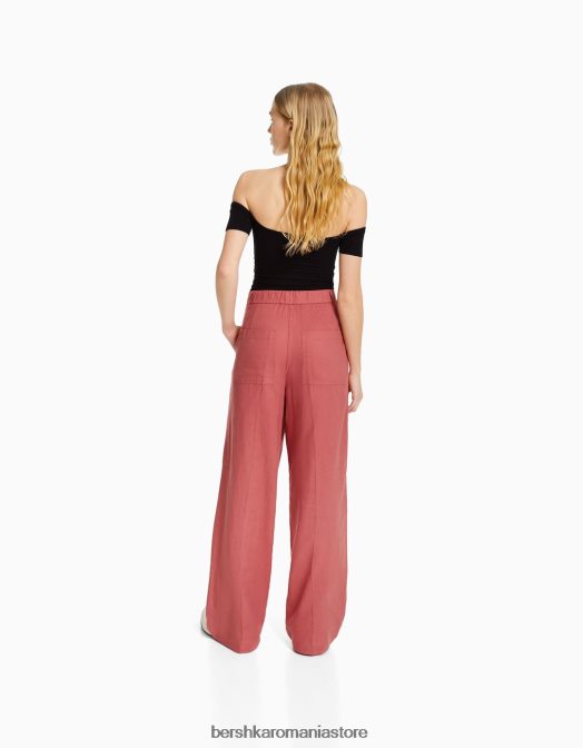 Bershka femei pantaloni de bază din in, cu picioare largi, cu bandă elastică în talie coral Z86D1437 îmbrăcăminte