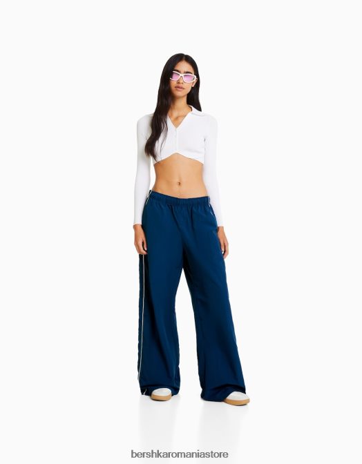 Bershka femei pantaloni din nailon cu pastile laterale albastru Z86D1474 îmbrăcăminte