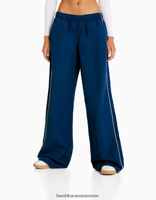 Bershka femei pantaloni din nailon cu pastile laterale albastru Z86D1474 îmbrăcăminte