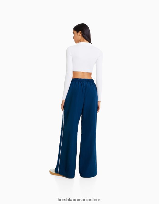 Bershka femei pantaloni din nailon cu pastile laterale albastru Z86D1474 îmbrăcăminte