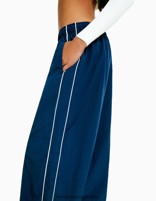 Bershka femei pantaloni din nailon cu pastile laterale albastru Z86D1474 îmbrăcăminte